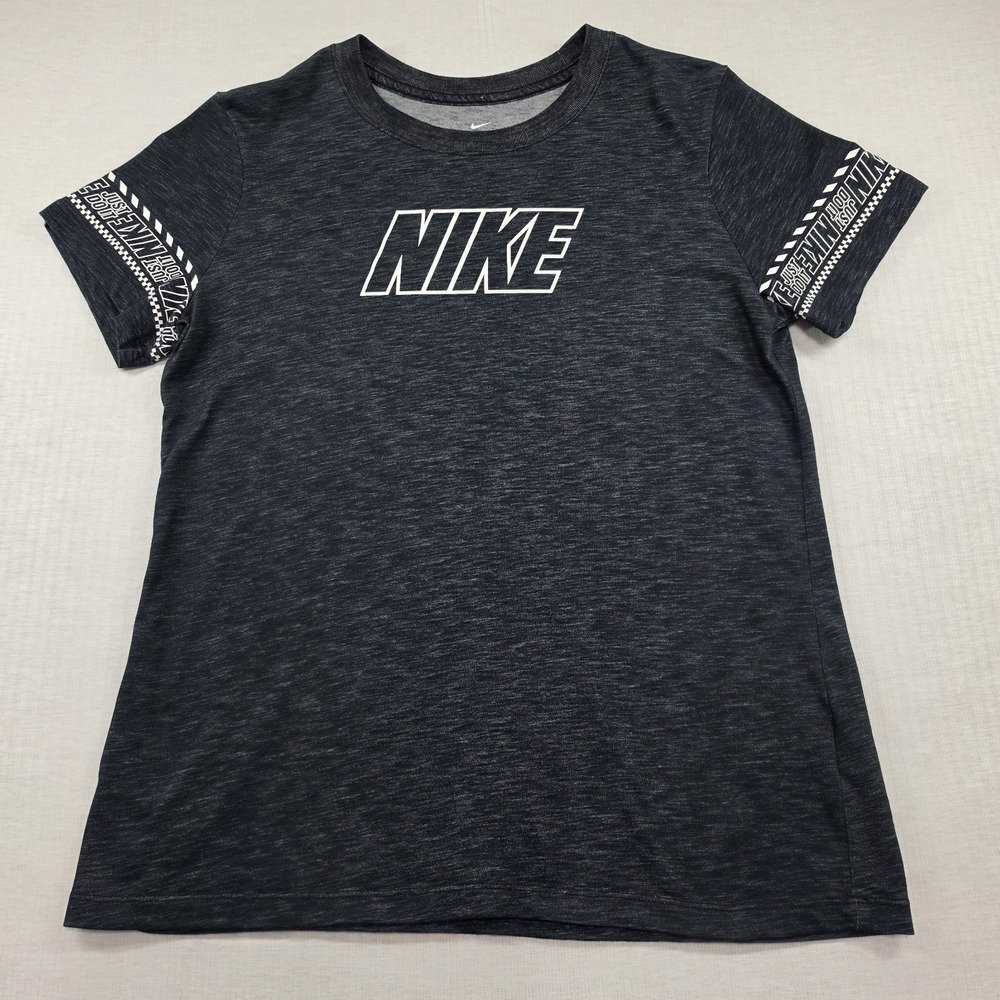 Nike Black Heather Tape Trim Graphic Athletic Tee Size M Sporty Streetwear